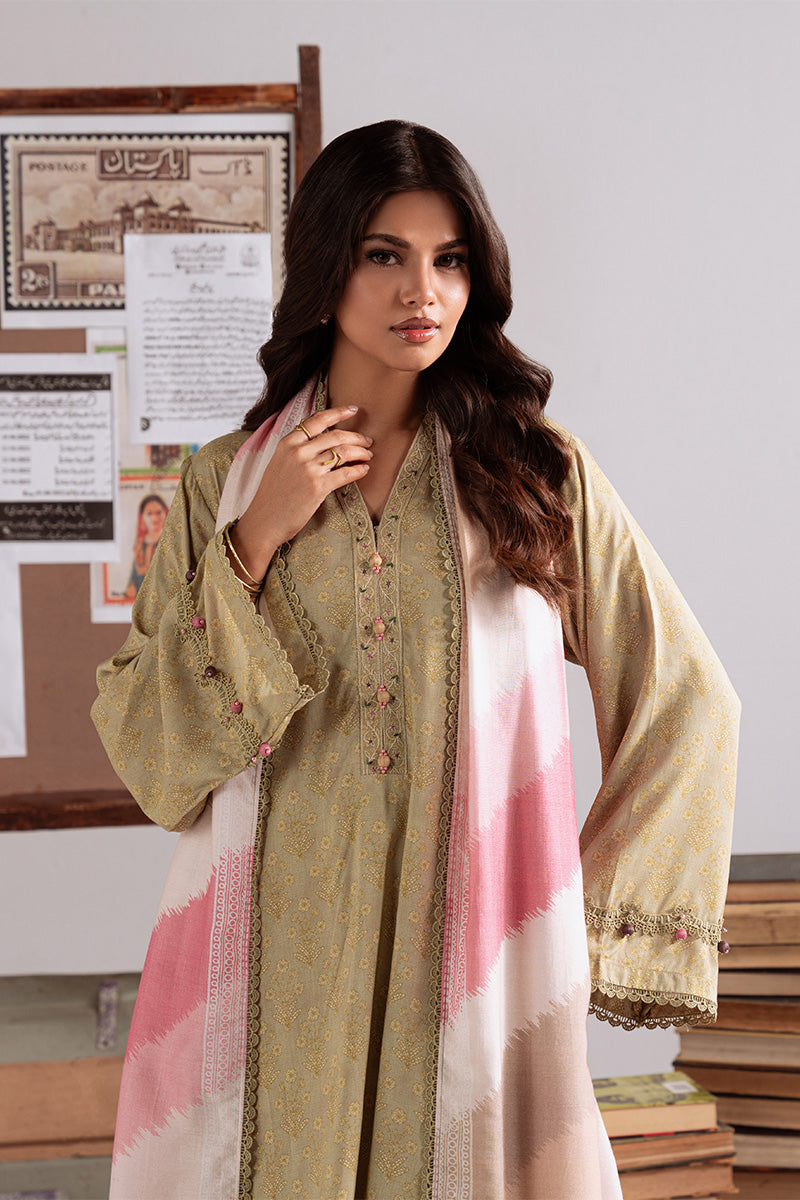 Cross Stitch Embroidered Linen Unstitched 3Pc Suit D-21 Sage Garland