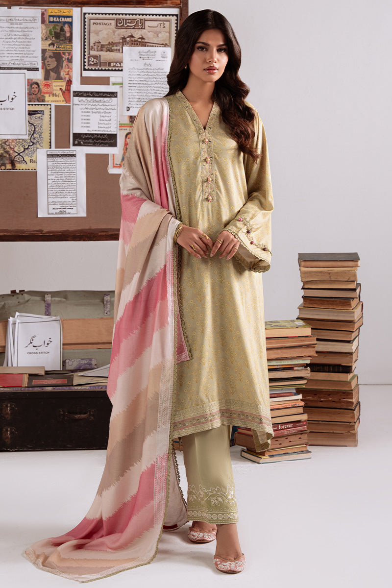 Cross Stitch Embroidered Linen Unstitched 3Pc Suit D-21 Sage Garland