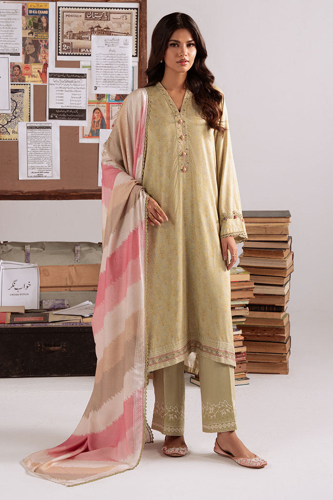 Cross Stitch Embroidered Linen Unstitched 3Pc Suit D-21 Sage Garland