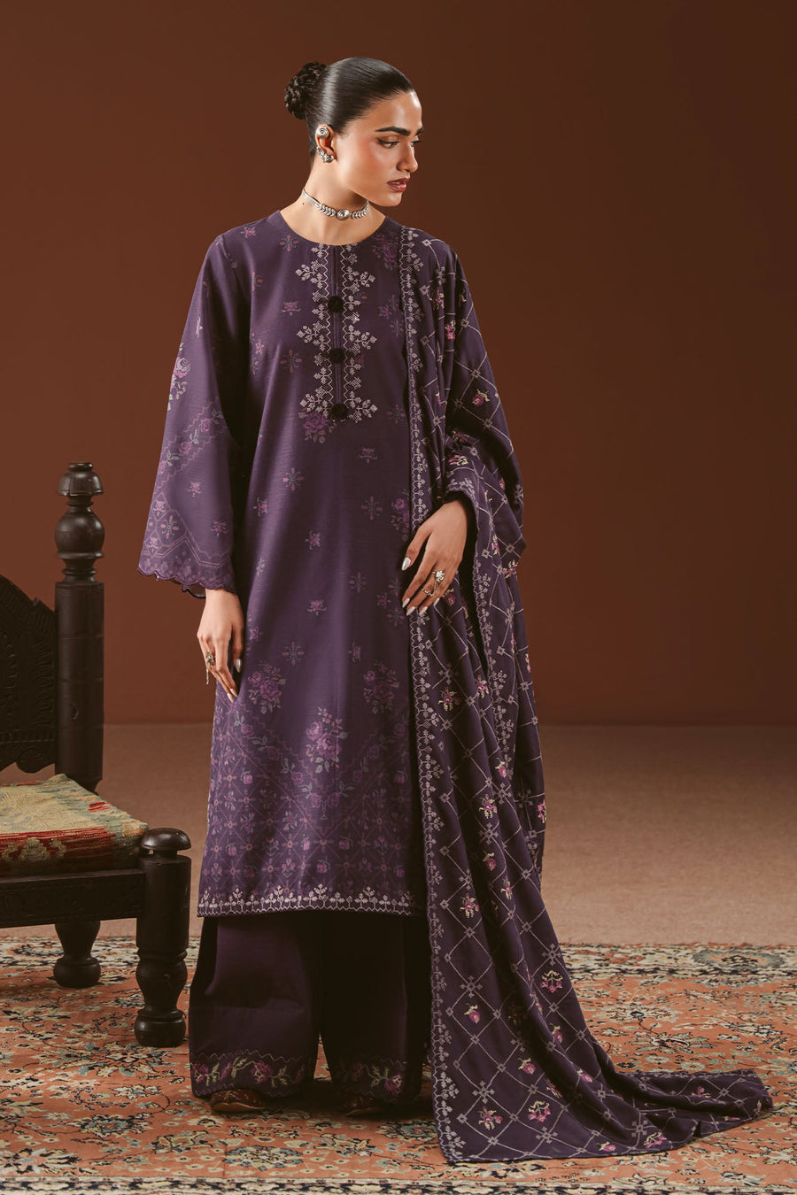 Cross Stitch Embroidered Khaddar Unstitched 3Pc Suit - PURPLE MOSAIC