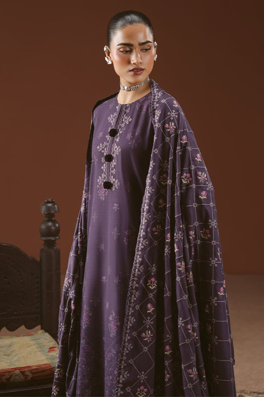 Cross Stitch Embroidered Khaddar Unstitched 3Pc Suit - PURPLE MOSAIC