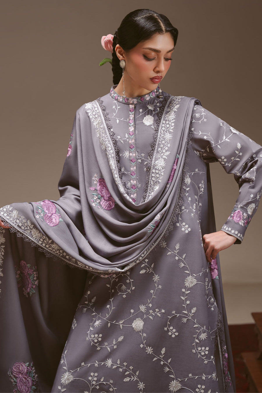 Cross Stitch Embroidered Linen Unstitched 3Pc Suit - VIOLET HAZE