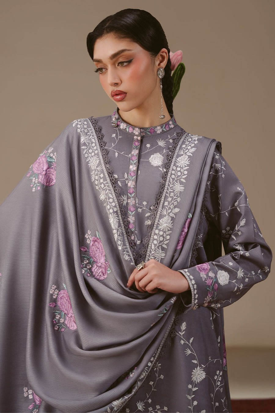 Cross Stitch Embroidered Linen Unstitched 3Pc Suit - VIOLET HAZE