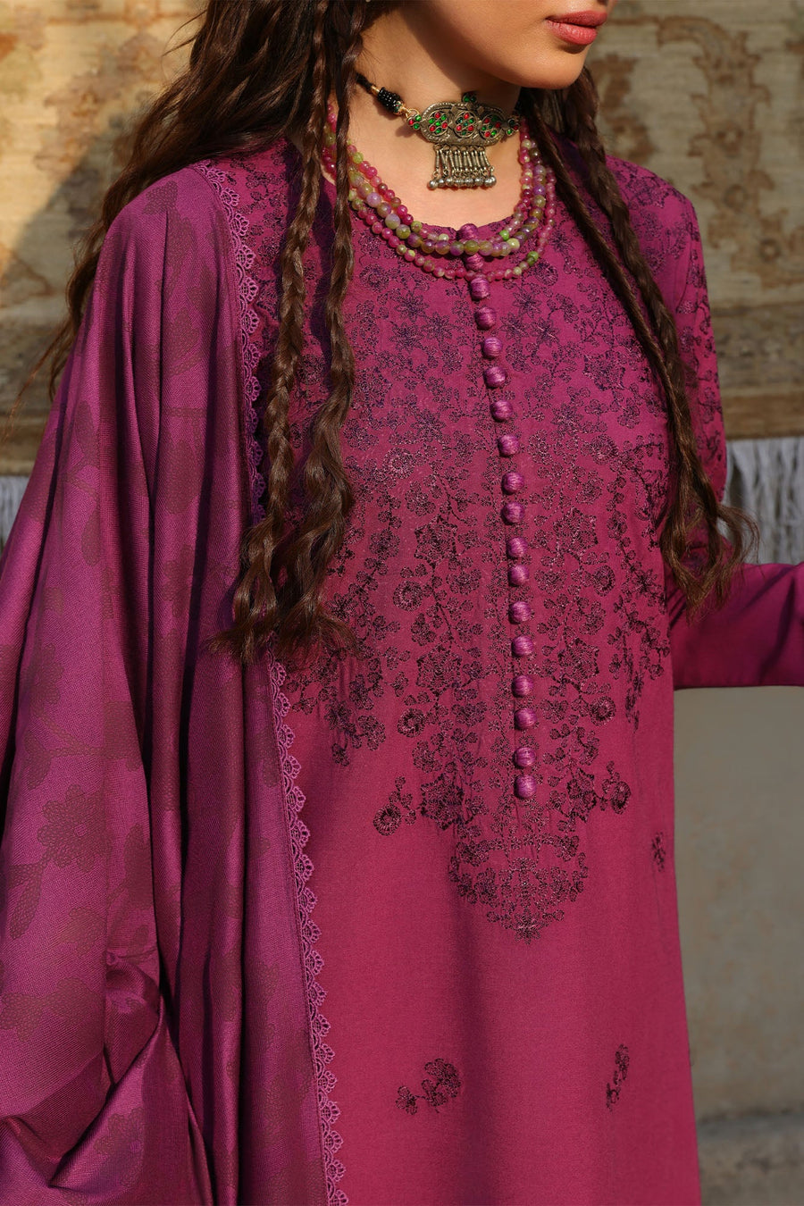 Cross Stitch Embroidered Linen Unstitched 3Pc Suit - VELVET FUCHSIA