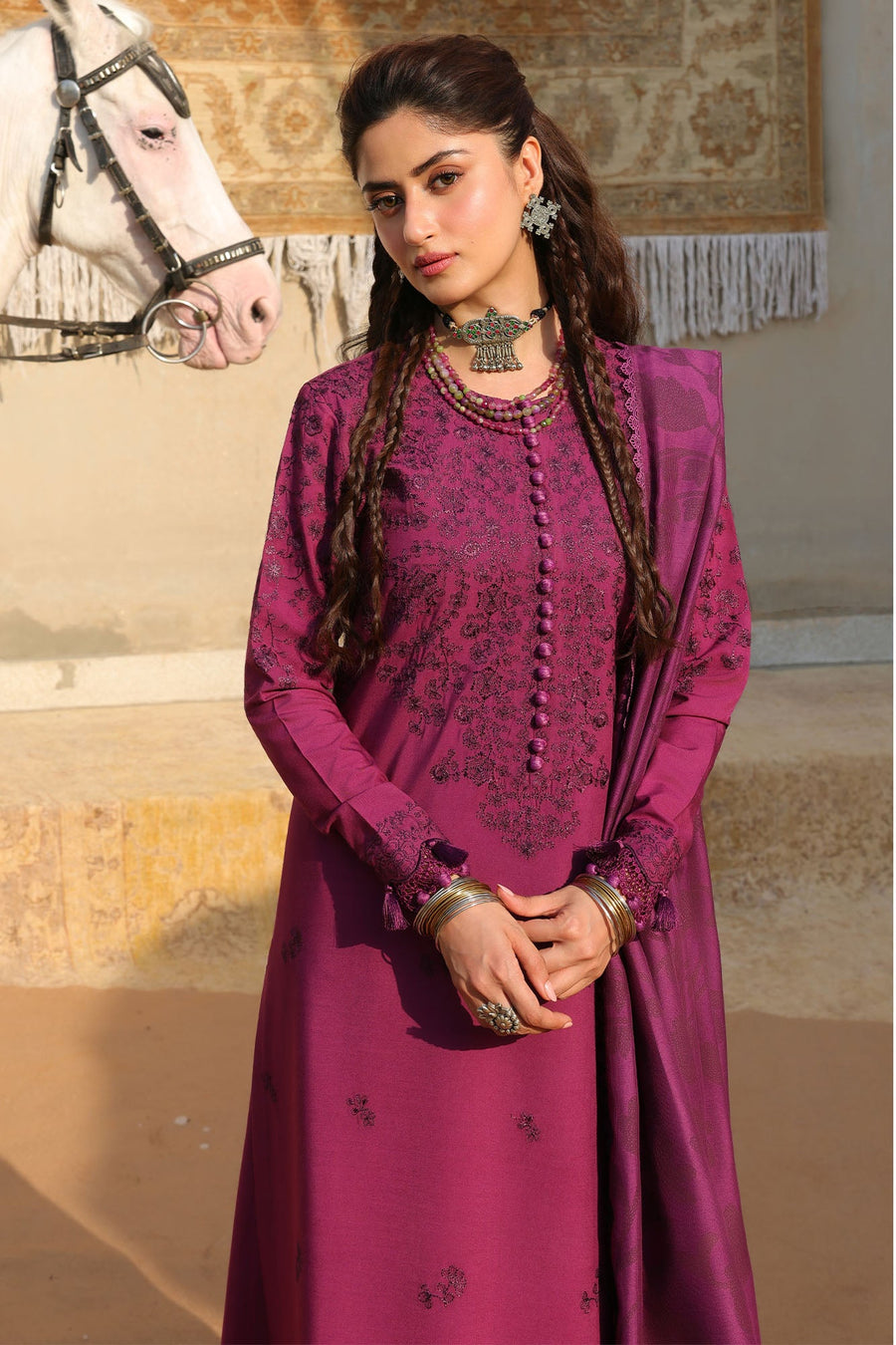 Cross Stitch Embroidered Linen Unstitched 3Pc Suit - VELVET FUCHSIA