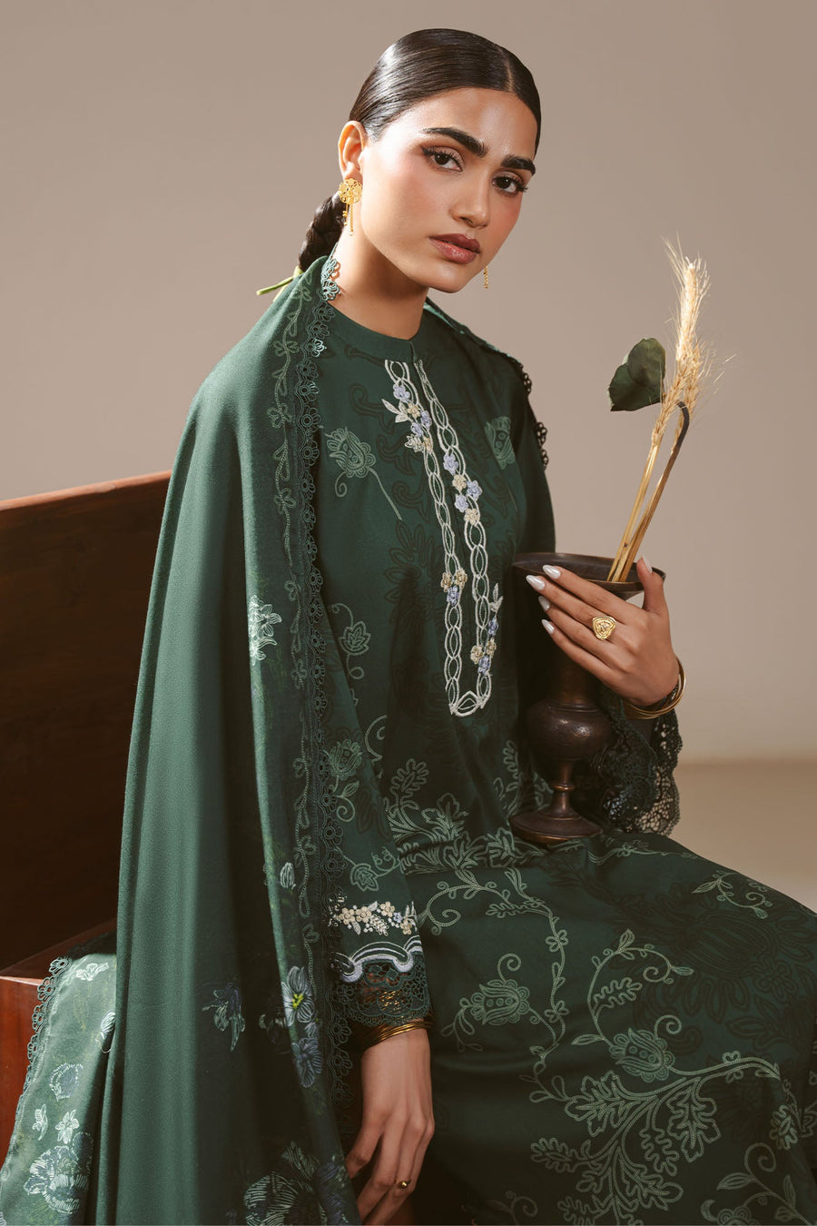 Cross Stitch Embroidered Linen Unstitched 3Pc Suit - MEADOW GREEN