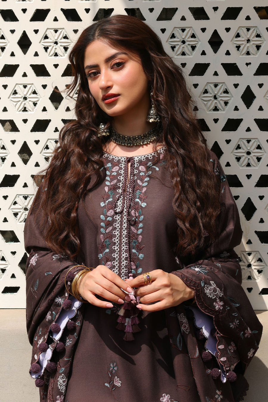 Cross Stitch Embroidered Marina Unstitched 3Pc Suit - DEEP WALNUT