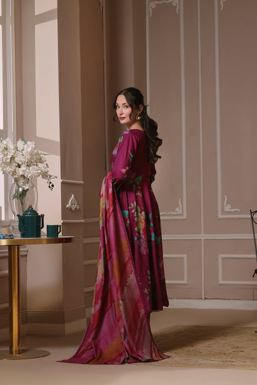 Feathers Dastak Unstitched Digital Printed Dhanak 3Pc Suit - RUBY ROUGE