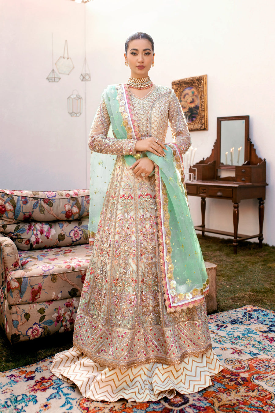 EZRA Luxury Wedding Hand Embellished Net Unstitched 3Pc Suit - SAGE