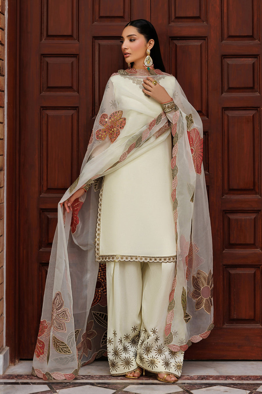 Zarif Nourah Embroidered Luxury Chiffon Unstitched 3Pc Suit - AMANI