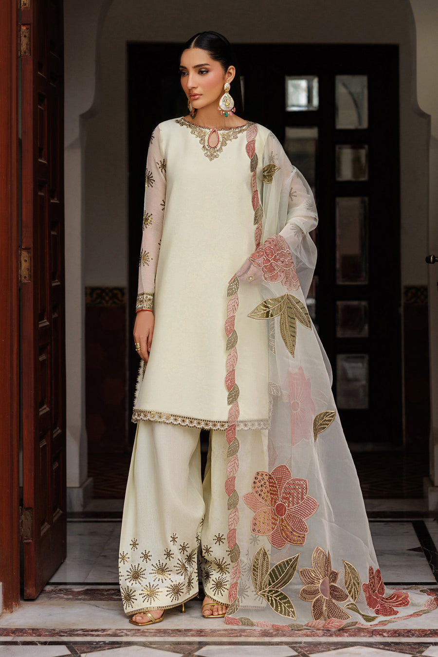 Zarif Nourah Embroidered Luxury Chiffon Unstitched 3Pc Suit - AMANI