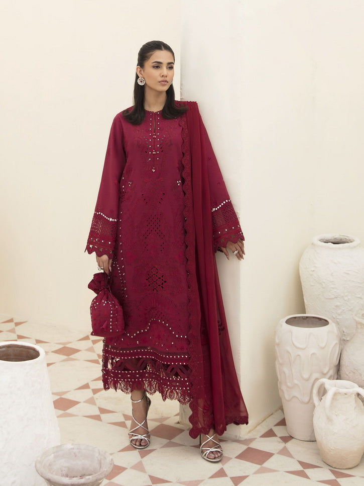 Afrozeh Festive Unstitched Chikankari Lawn 3Pc Suit AL-23-V3-08 Claret