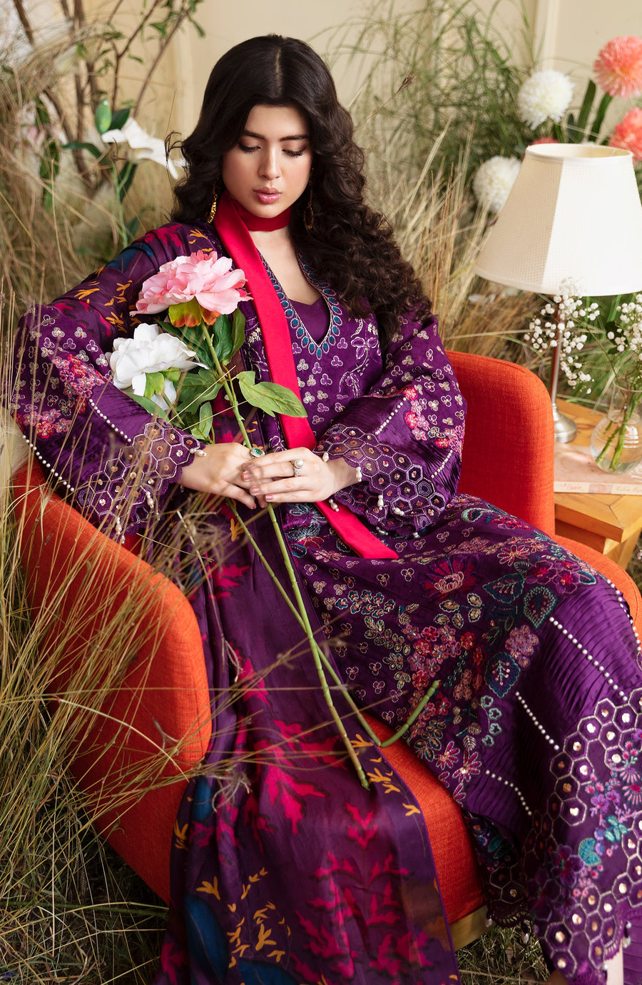 Zevk Flora Festive Embroidered Lawn Unstitched 3Pc Suit - Fuchsia