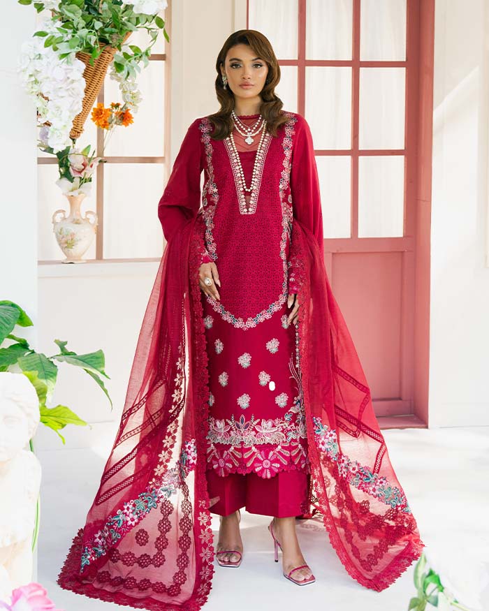 Zevk Flora Festive Embroidered Lawn Unstitched 3Pc Suit - ZINNIA
