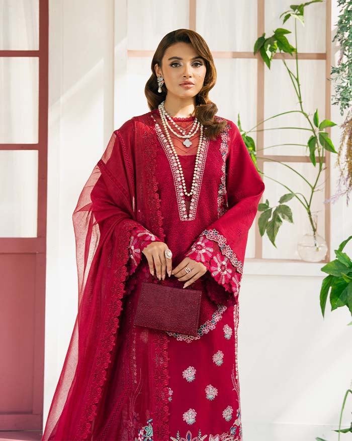 Zevk Flora Festive Embroidered Lawn Unstitched 3Pc Suit - ZINNIA