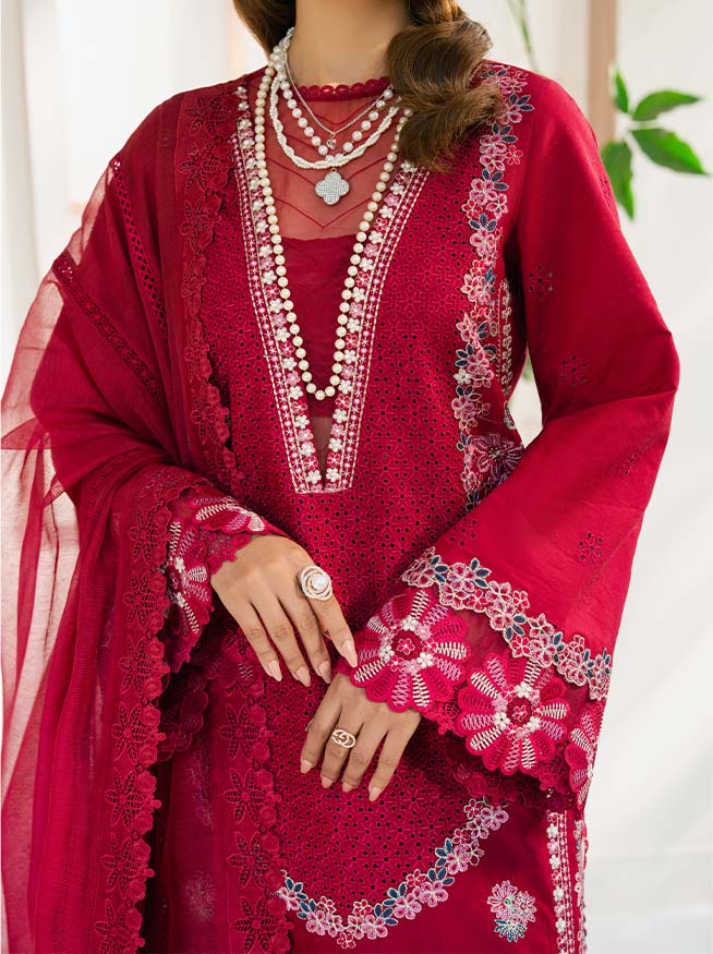 Zevk Flora Festive Embroidered Lawn Unstitched 3Pc Suit - ZINNIA