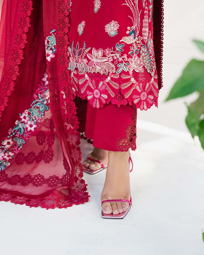 Zevk Flora Festive Embroidered Lawn Unstitched 3Pc Suit - ZINNIA