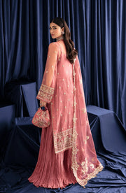 MEHAK Back view of pink A-line dress with a zip-up closure and softly pleated skirt for a feminine and polished look | Fabiha Fatima