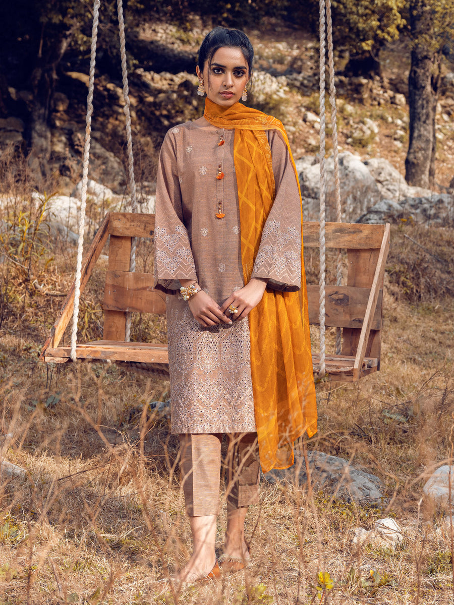edenrobe Premium Embroidered Khaddar Unstitched 3Pc Suit EWU22V12-25008