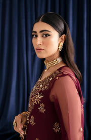Raya maroon evening dress for women with a high neckline and sparkling sequin embellishments, perfect for formal occasions