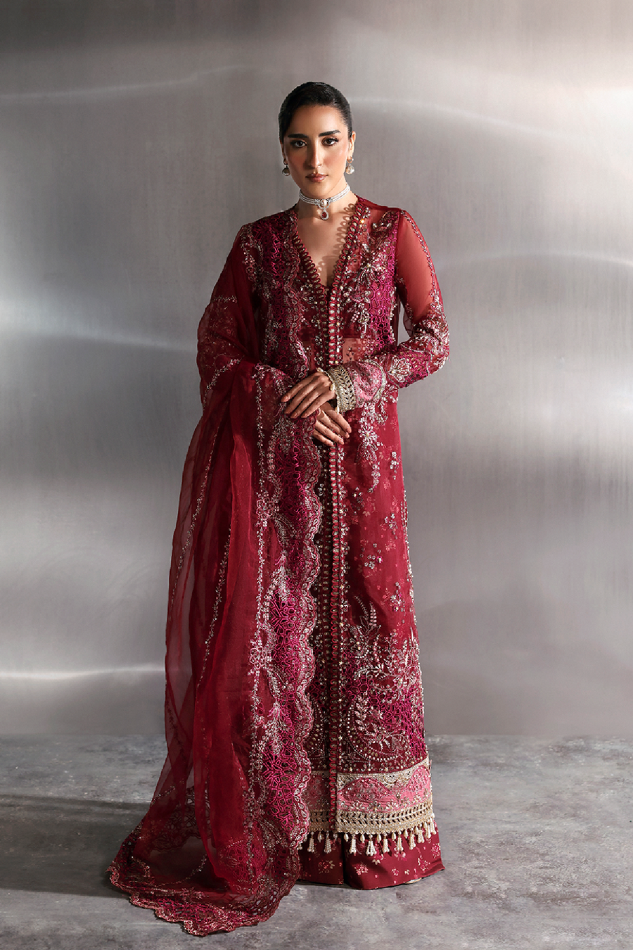 Zarposh Seraphine Embroidered Organza Unstitched 3Pc Suit - GARNET