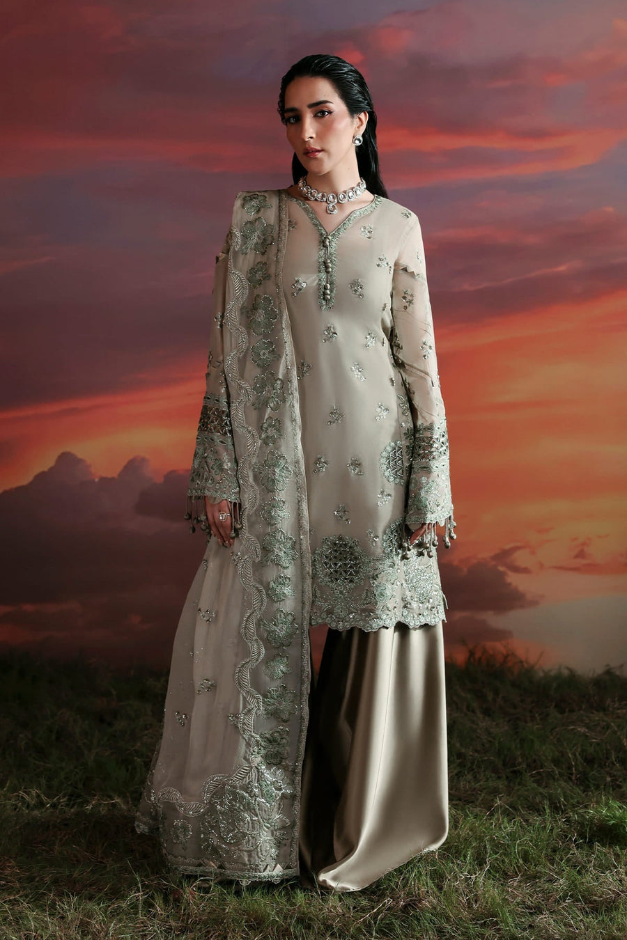 Zarposh Moonlit Muse Embroidered Chiffon Unstitched 3Pc Suit - Nerine