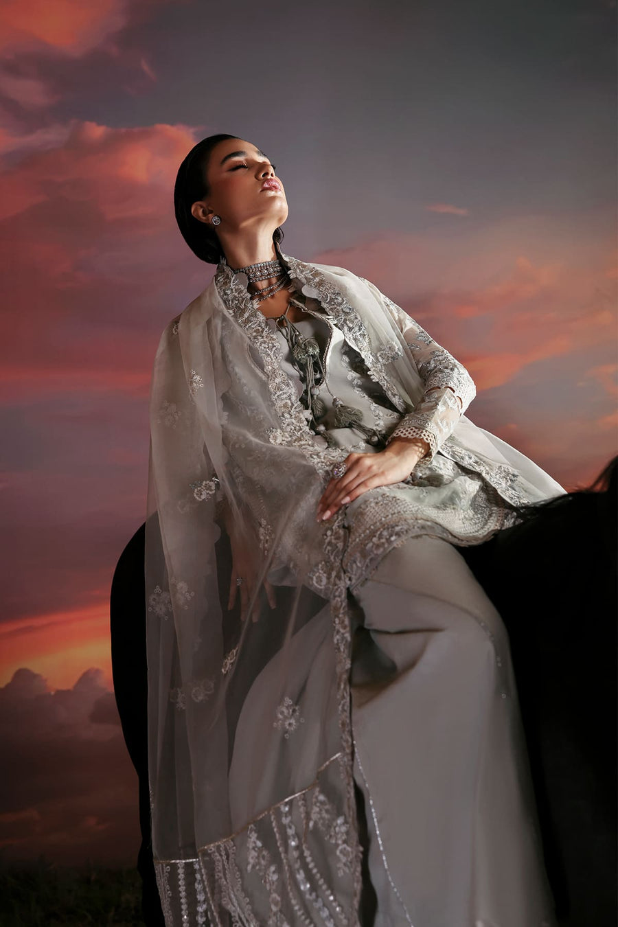 Zarposh Moonlit Muse Embroidered Chiffon Unstitched 3Pc Suit - Lumen