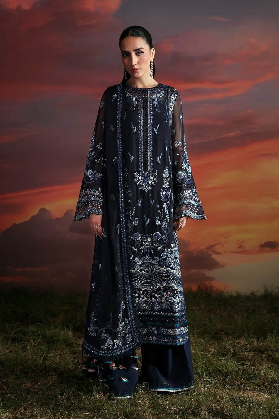 Zarposh Moonlit Muse Embroidered Chiffon Unstitched 3Pc Suit - Muse