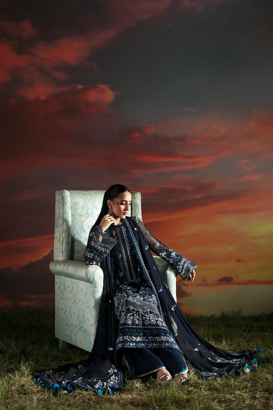 Zarposh Moonlit Muse Embroidered Chiffon Unstitched 3Pc Suit - Muse