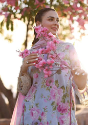 Close up image of OCEAN BLOSSOMS beautiful Printed Chikankari Lawn floral dress.