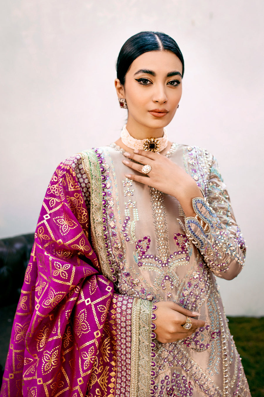EZRA Luxury Wedding Hand Embellished Tissue Unstitched 3Pc Suit - AMBER