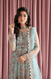 Close-up of LAIA Sky blue gown highlighting intricate embroidery and shimmering fabric for a luxurious finish | Fabiha Fatima