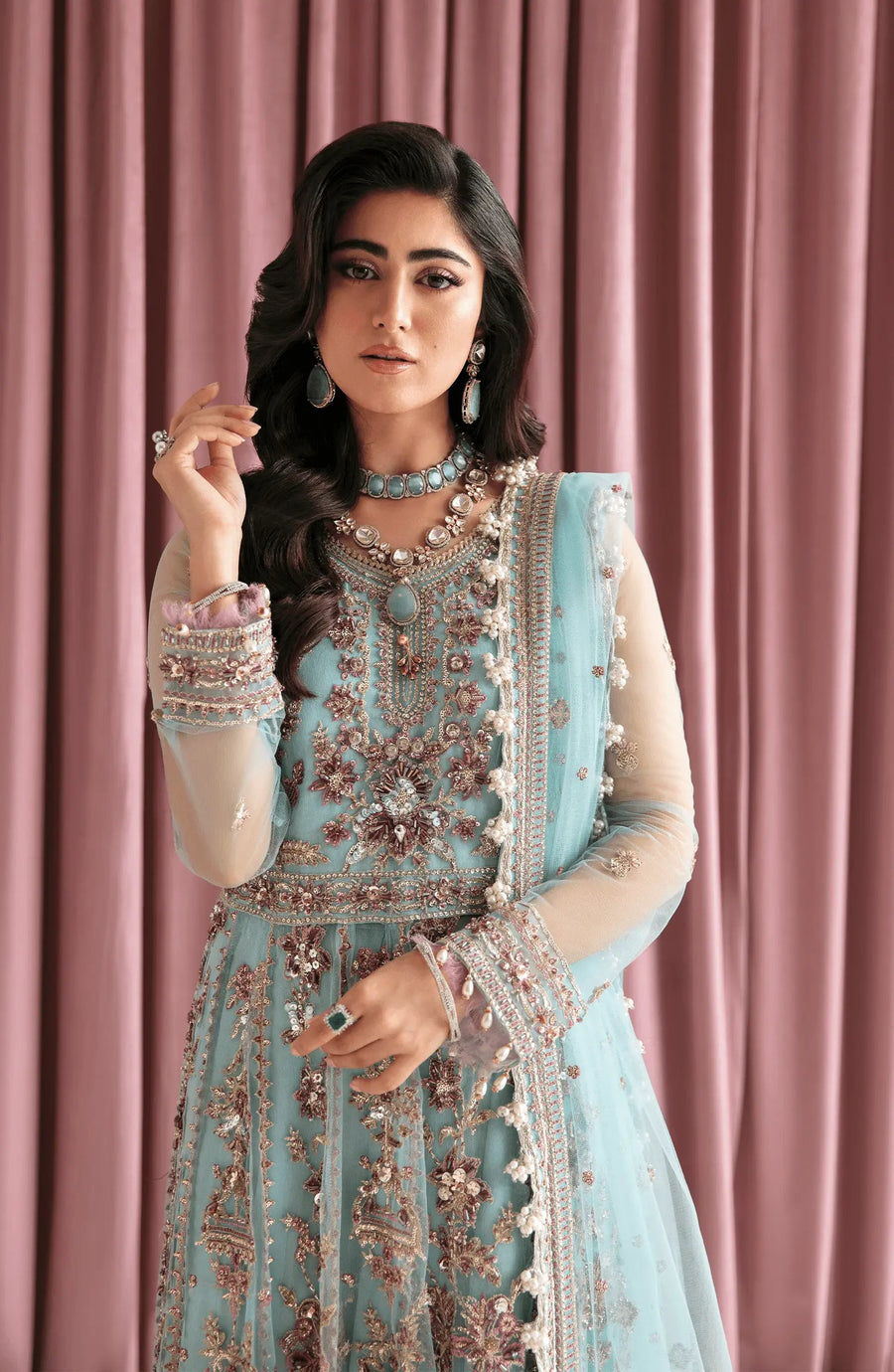 Close-up of LAIA Sky blue gown highlighting intricate embroidery and shimmering fabric for a luxurious finish | Fabiha Fatima