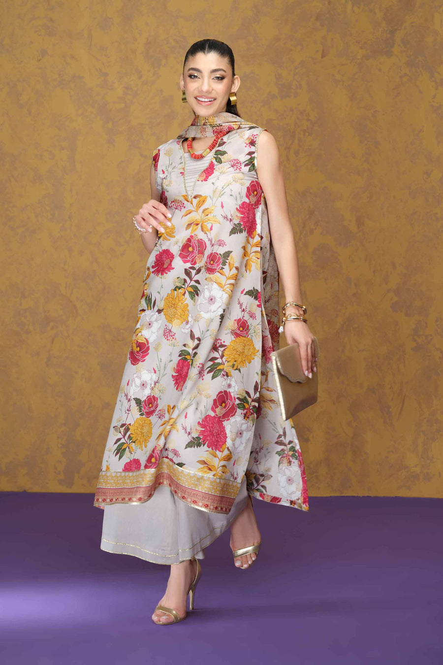 Nishat Festive Eid Gold Printed Lawn Unstitched 3Pc Suit - 42403313
