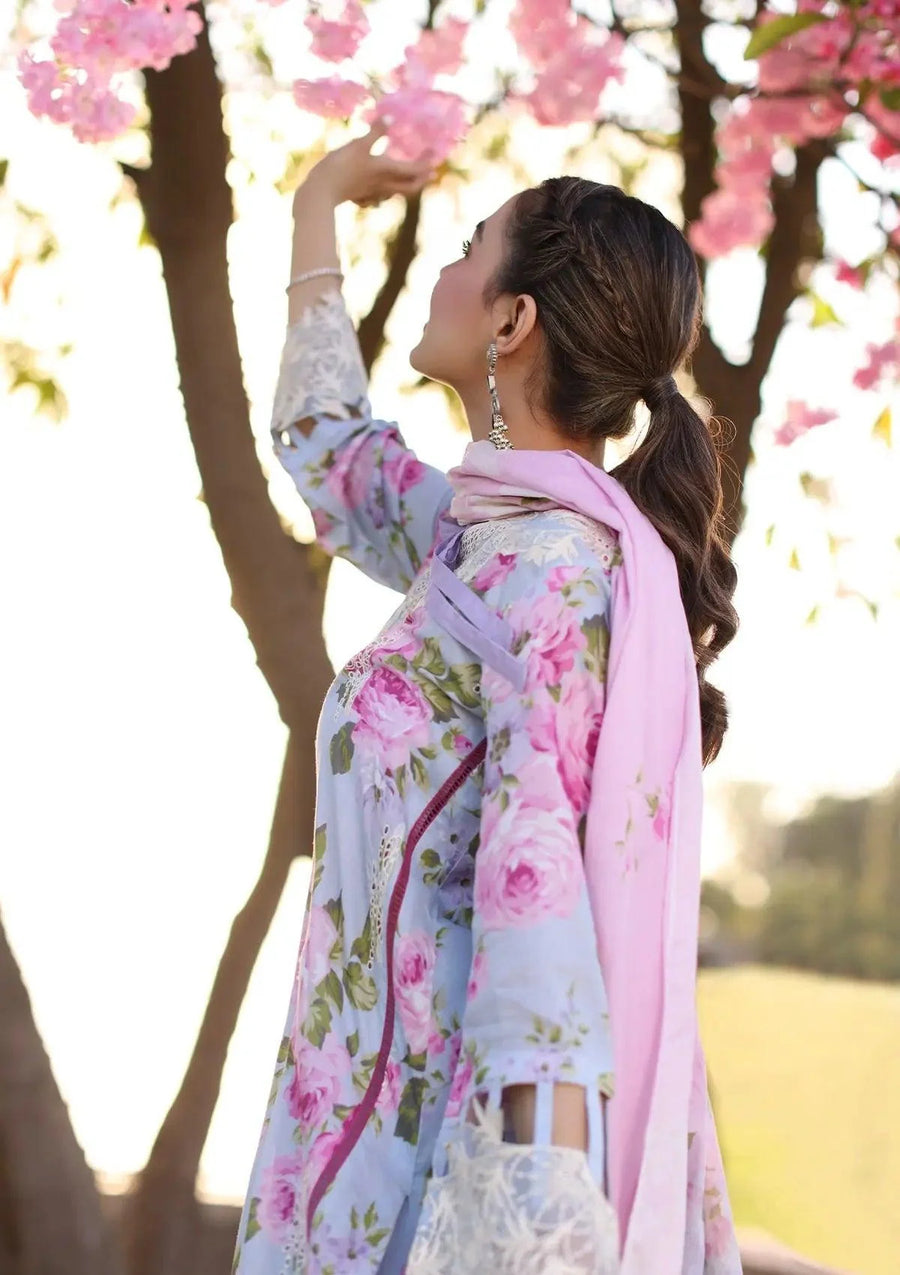OCEAN BLOSSOMS ocean blue dress with multicolor floral prints from ELAF's "PRINT CHIKANKARI" 2024 Collection. 