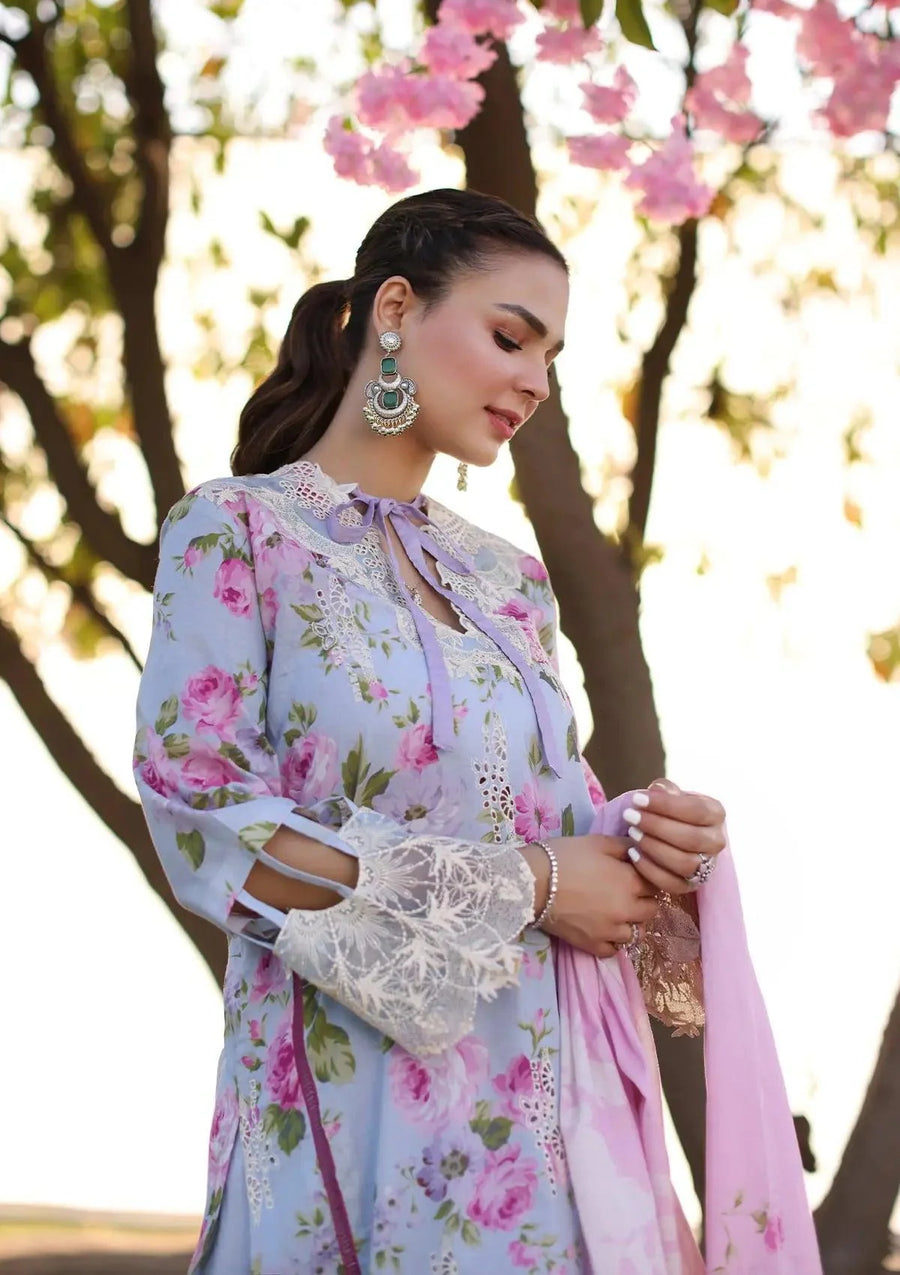 Close up image of OCEAN BLOSSOMS beautiful Printed Chikankari Lawn floral dress.