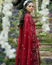 Zevk Flora Festive Embroidered Lawn Unstitched 3Pc Suit - RED ROSE