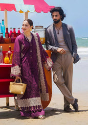 Hania, the deep purple dress from ELAF's 'HAI KUCH' 2024 Collection. This product shot shows beautiful embroidery work on the outfit. 