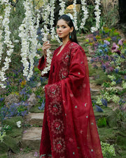 Zevk Flora Festive Embroidered Lawn Unstitched 3Pc Suit - RED ROSE