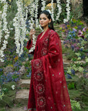 Zevk Flora Festive Embroidered Lawn Unstitched 3Pc Suit - RED ROSE