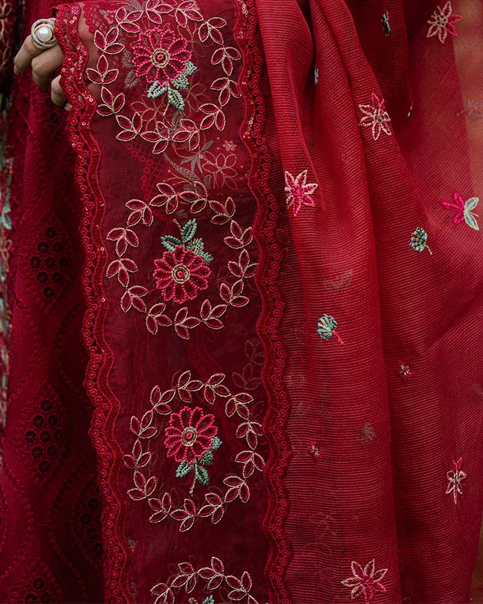 Zevk Flora Festive Embroidered Lawn Unstitched 3Pc Suit - RED ROSE