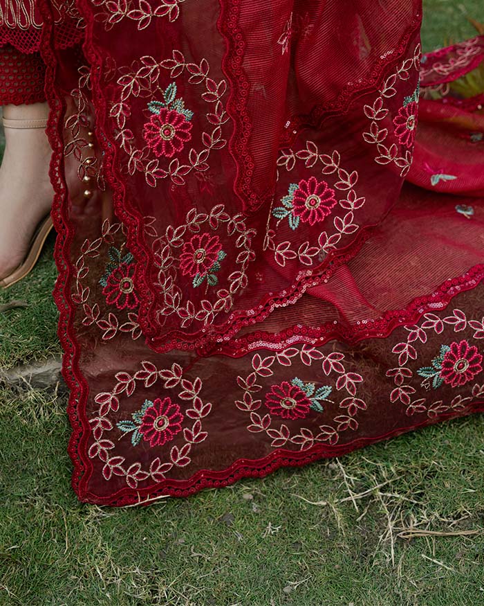Zevk Flora Festive Embroidered Lawn Unstitched 3Pc Suit - RED ROSE