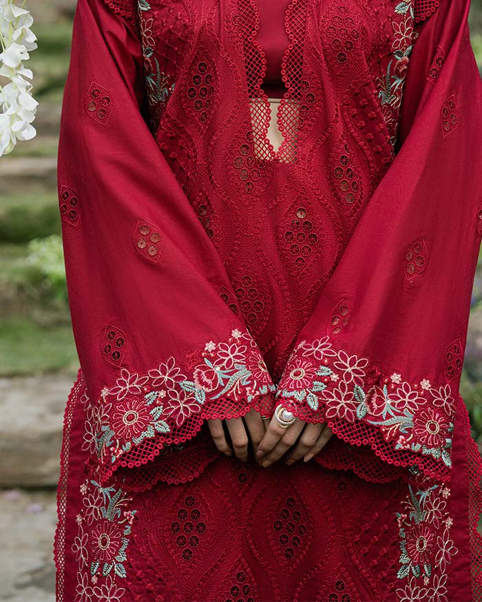 Zevk Flora Festive Embroidered Lawn Unstitched 3Pc Suit - RED ROSE