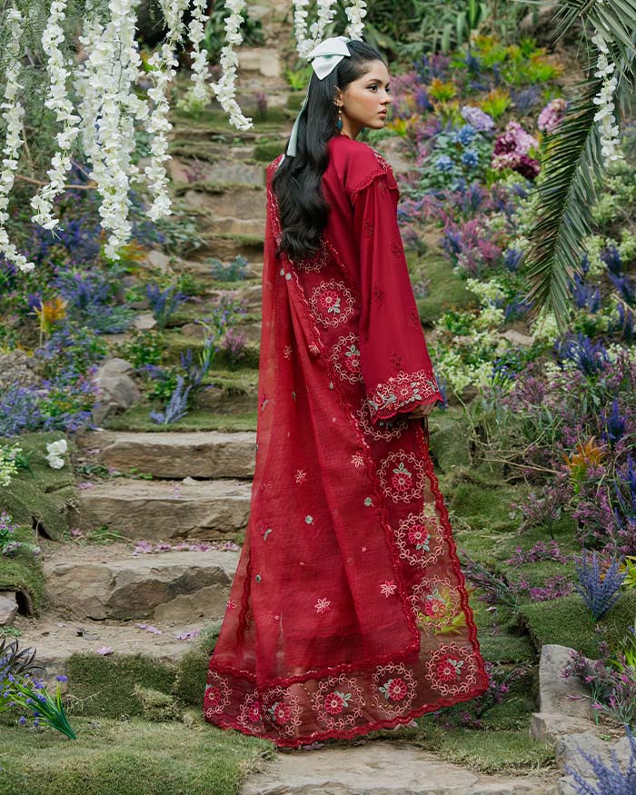 Zevk Flora Festive Embroidered Lawn Unstitched 3Pc Suit - RED ROSE