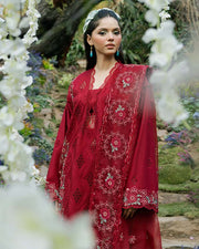 Zevk Flora Festive Embroidered Lawn Unstitched 3Pc Suit - RED ROSE