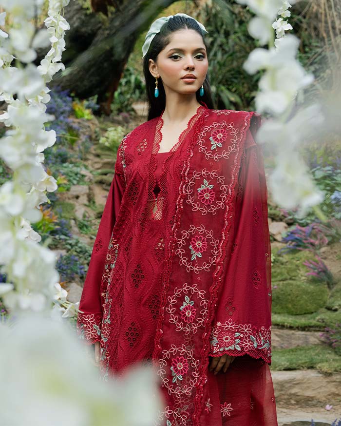 Zevk Flora Festive Embroidered Lawn Unstitched 3Pc Suit - RED ROSE
