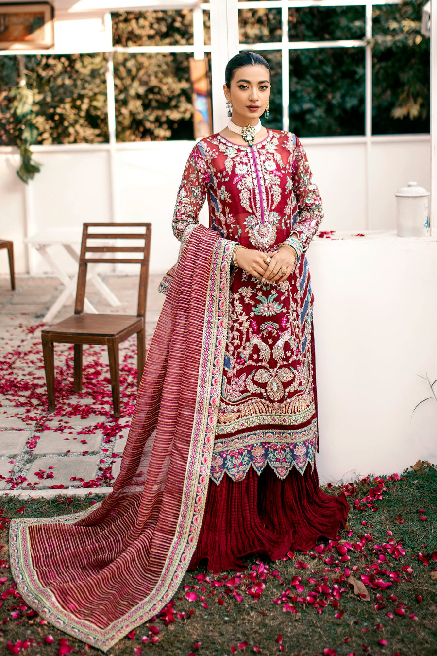 EZRA Luxury Wedding Hand Embellished Organza Unstitched 3Pc Suit - POPPY
