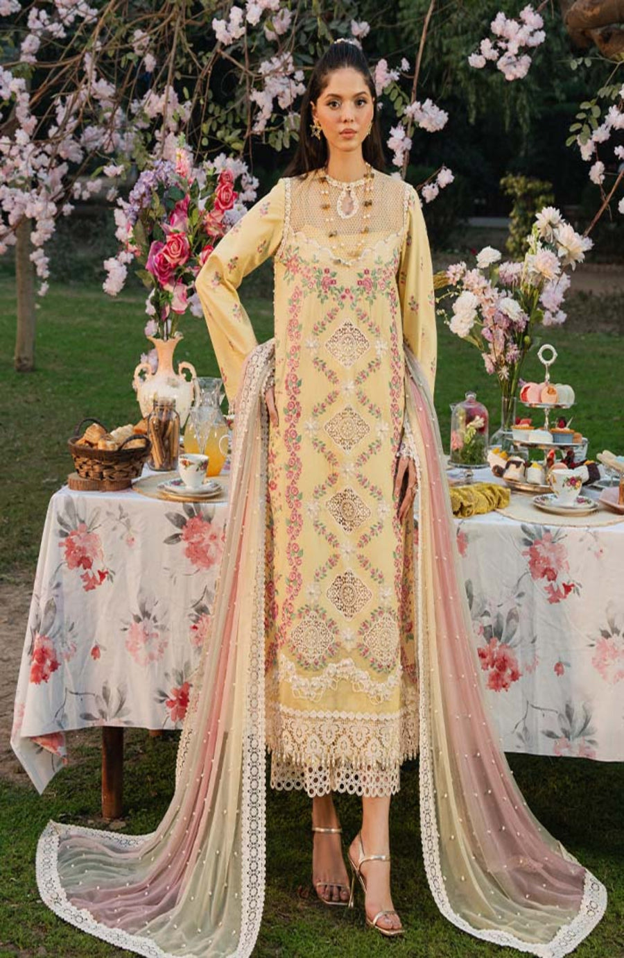 Zevk Flora Festive Embroidered Lawn Unstitched 3Pc Suit - LIME