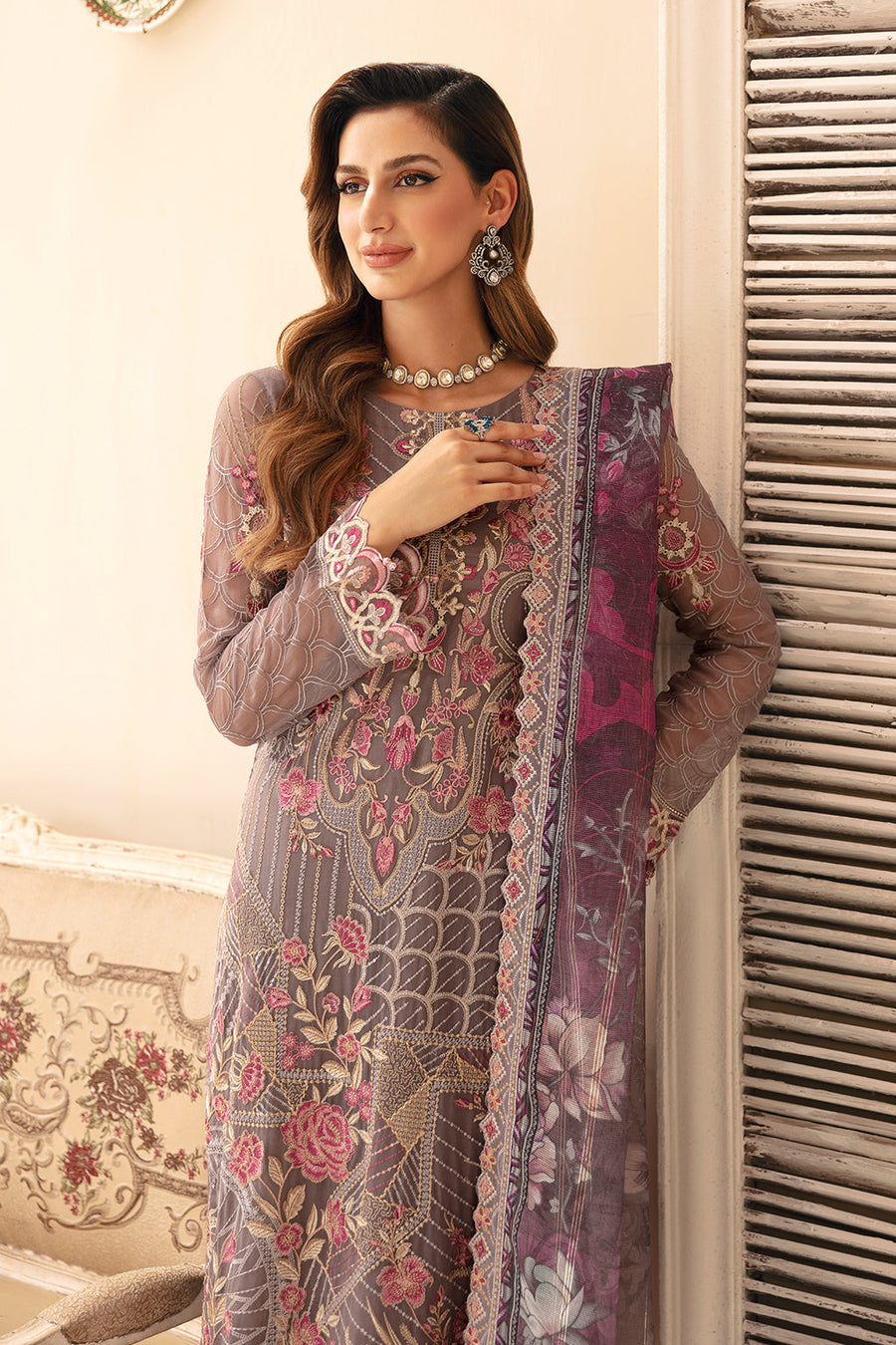 Ramsha Chevron Vol-09 Embroidered Chiffon Unstitched 3Pc Suit A-908