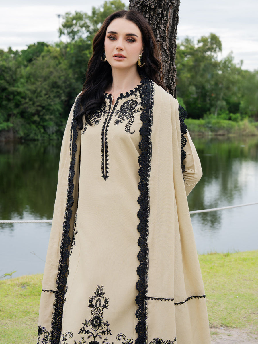 Faiza Faisal Hoor Embroidered Karandi Unstitched 3Pc Suit - ALAYNA